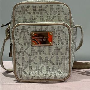 Michael Kors Beige MK Monogram Crossbody Messenger Bag with Gold Plate